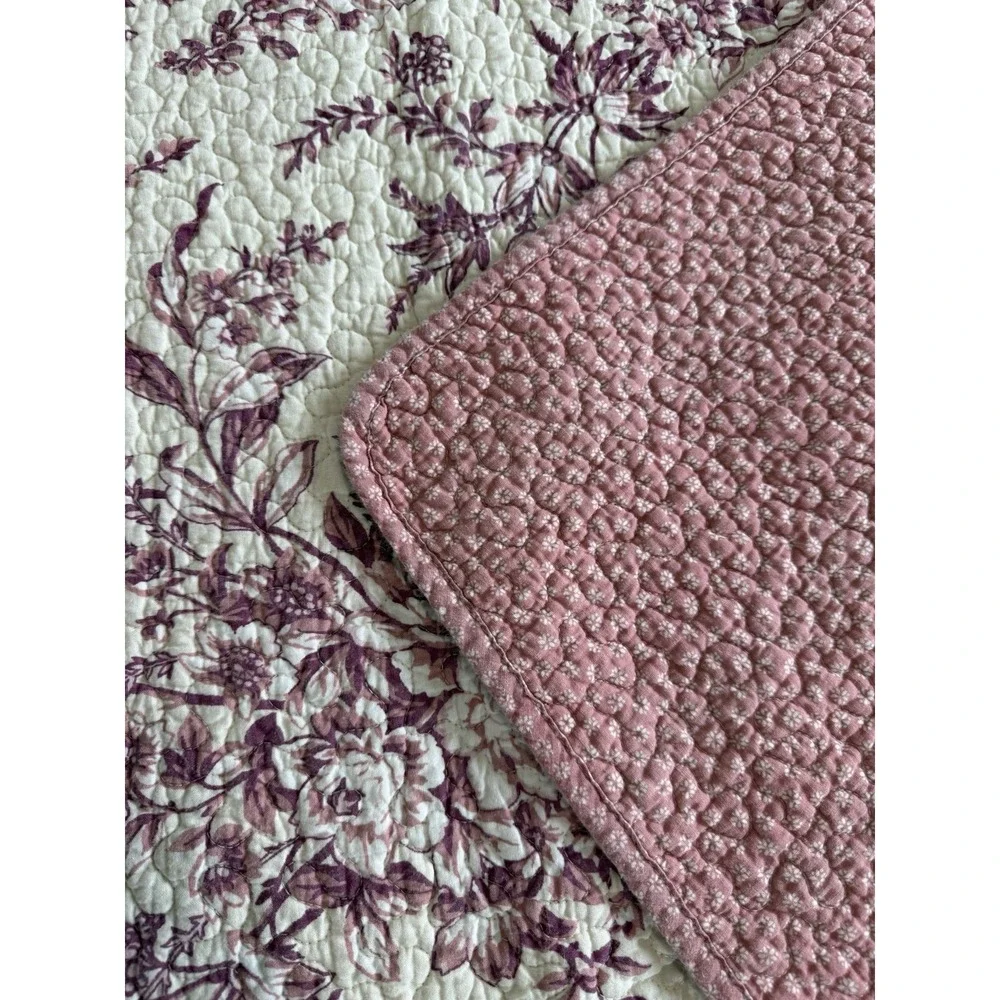 Vtg Laura Ashley Botanical Toile Quilt Coverlet Raspberry Pink Floral Cotton 90s